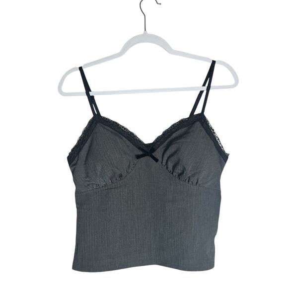 No Boundaries Tops - Gray Herringbone Womens Lace Trim Cami Tank Top Babydoll Coquette Bow Sz Medium
